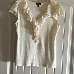 Lauren Jeans Co. Ruffled Cream V-Neck Flutter Sleeve Blouse